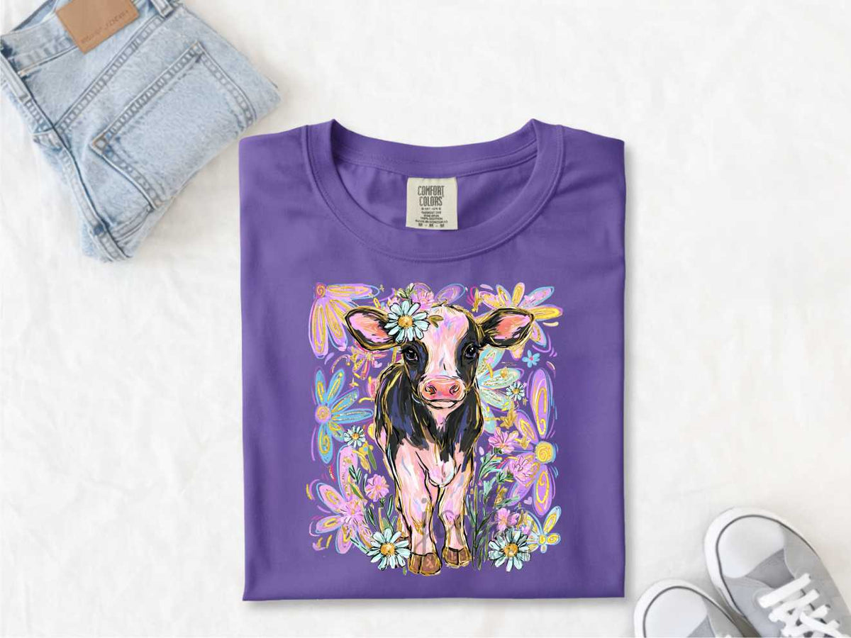 Bright Floral Glitter Cow - Transfer
