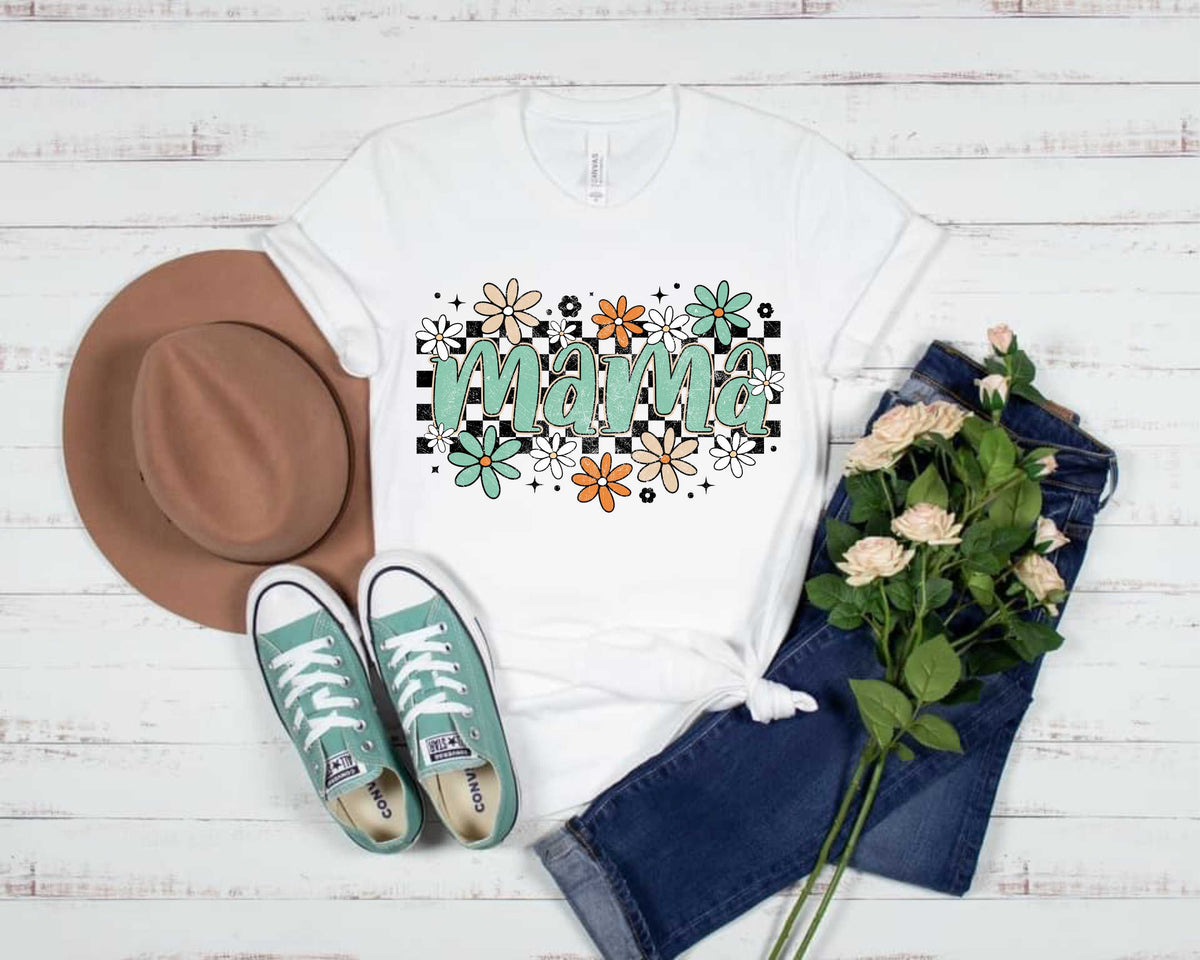 Checkered Teal Mama with Flowers - Transfer