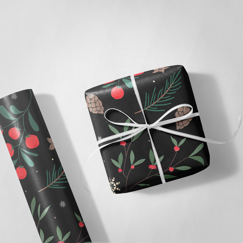 Black Holly and Pinecones Wrapping Paper