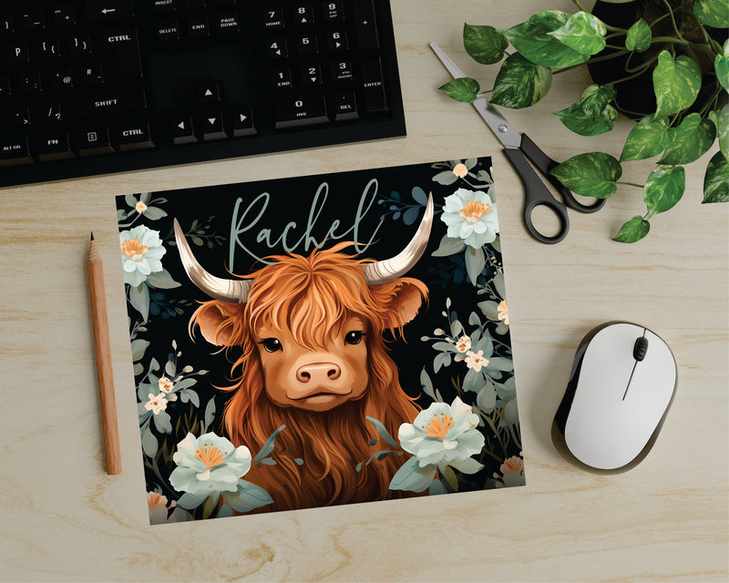 Mint Floral Name Highland Cow Mouse Pad