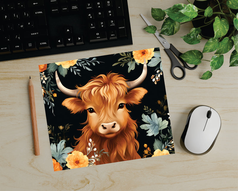 Mint Yellow Floral Highland Cow Mouse Pad