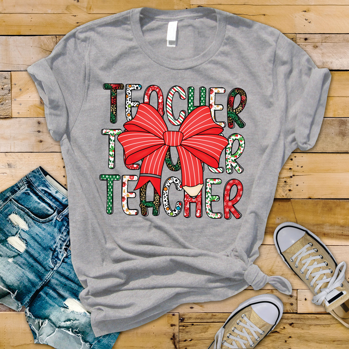 Teacher Stacked Christmas Doodle - Transfer