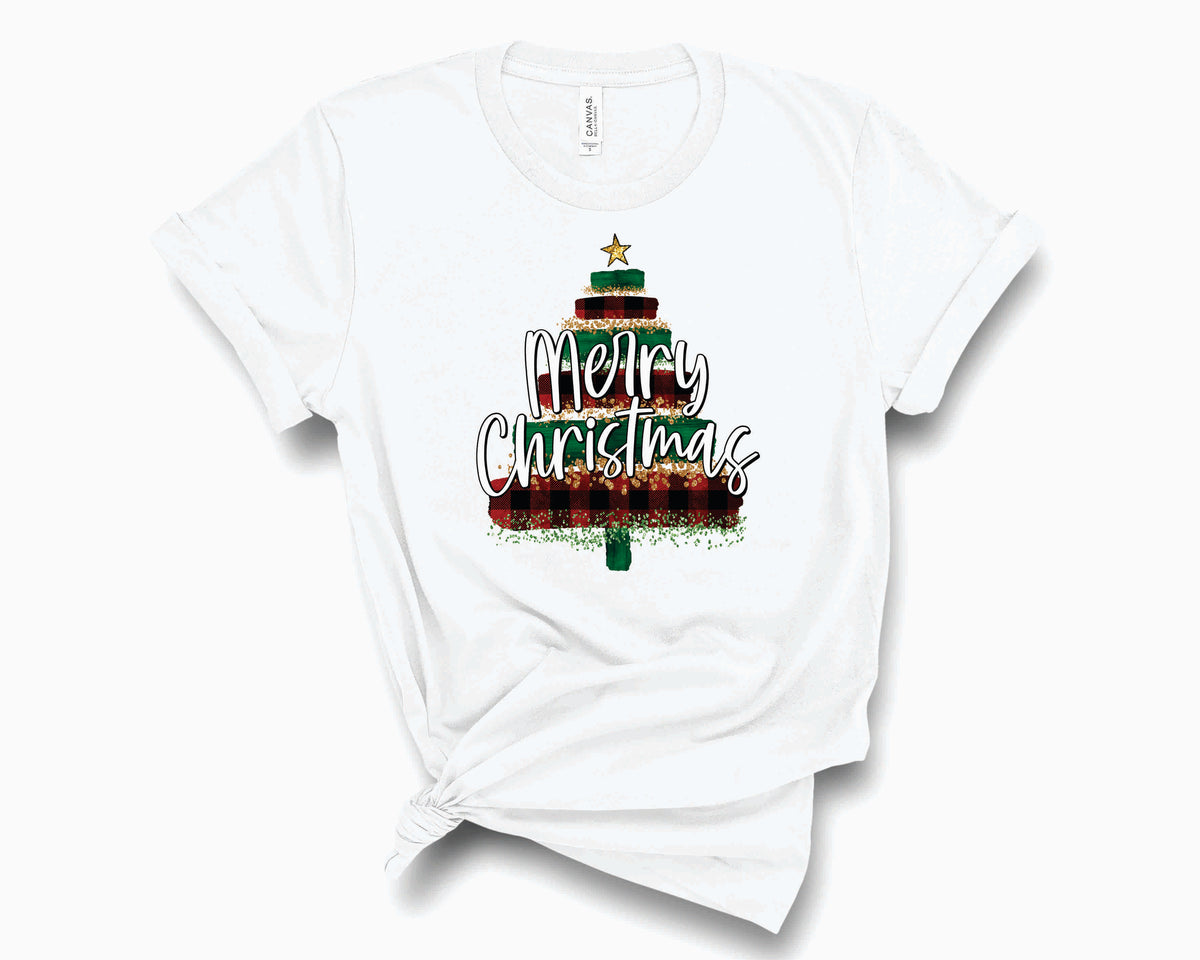 Merry Christmas Brush Tree Green Plaid- Transfer