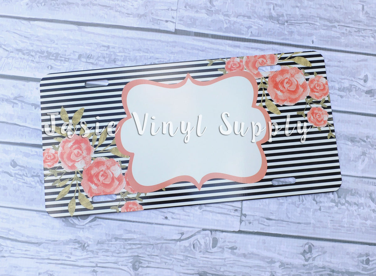 License Plate- Peach Floral Striped
