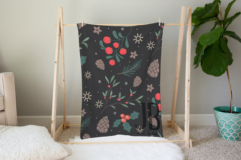 Black Holly and Pinecones Plush Blanket