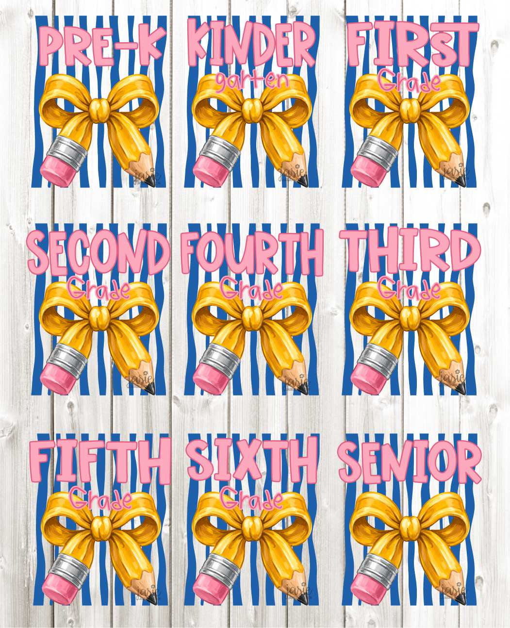 Blue Striped Pencil Bow Grade - Transfer