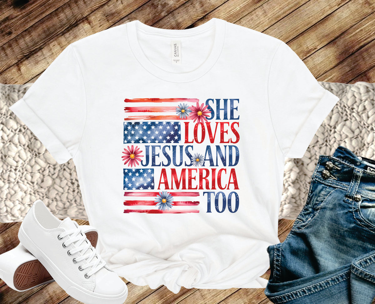 Daisy Flag She Loves Jesus & America Too - Transfer