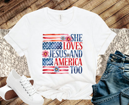 Daisy Flag She Loves Jesus & America Too - Transfer