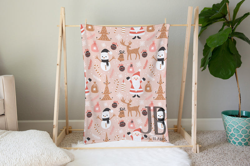 Pink Reindeer and Snowmen Plush Blanket