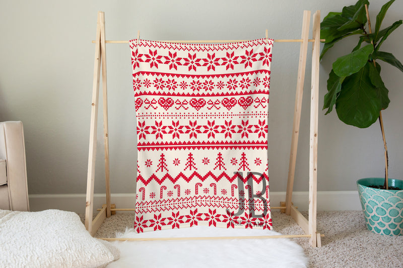 Red and White Knitted Plush Blanket