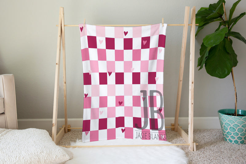 Retro Checkered Hearts Plush Blanket