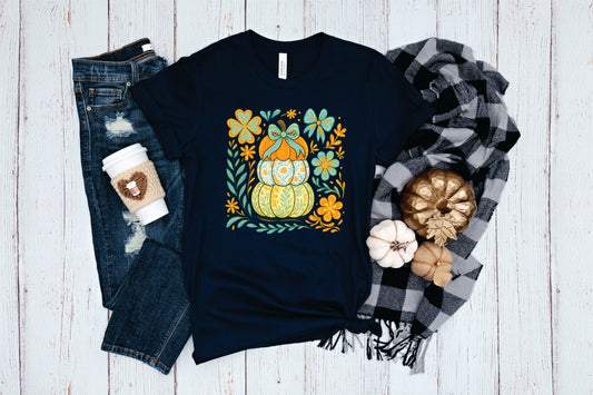 Vintage Floral Stacked Pumpkins - Transfer