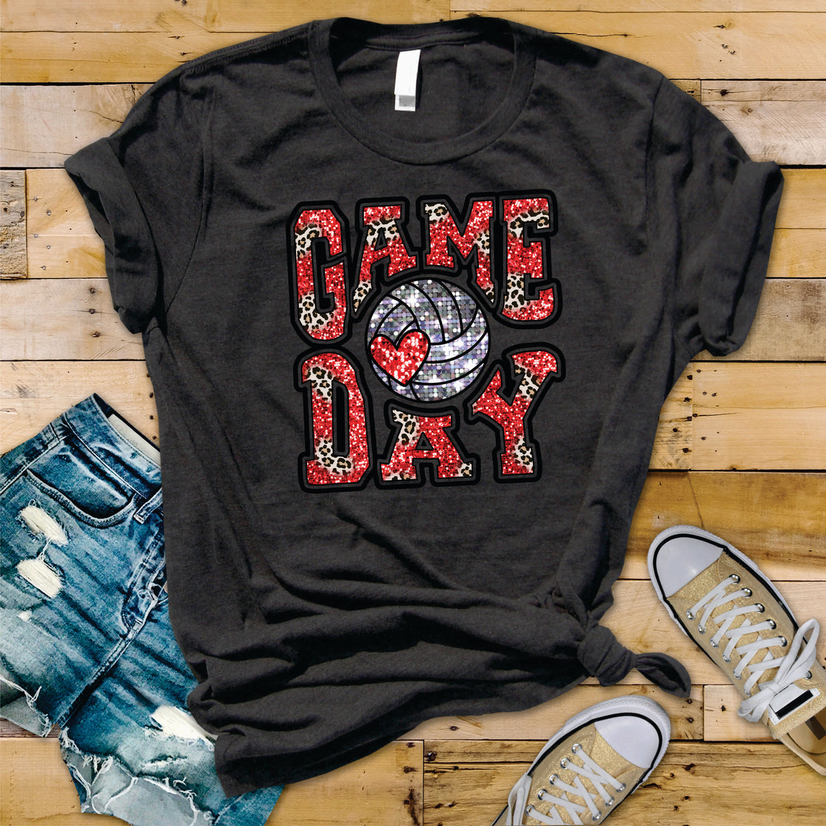 Volleyball Game Day Red Glitter Leopard - Transfer