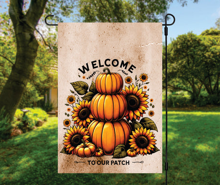 Welcome To Our Patch Stacked Pumpkins Garden Flag