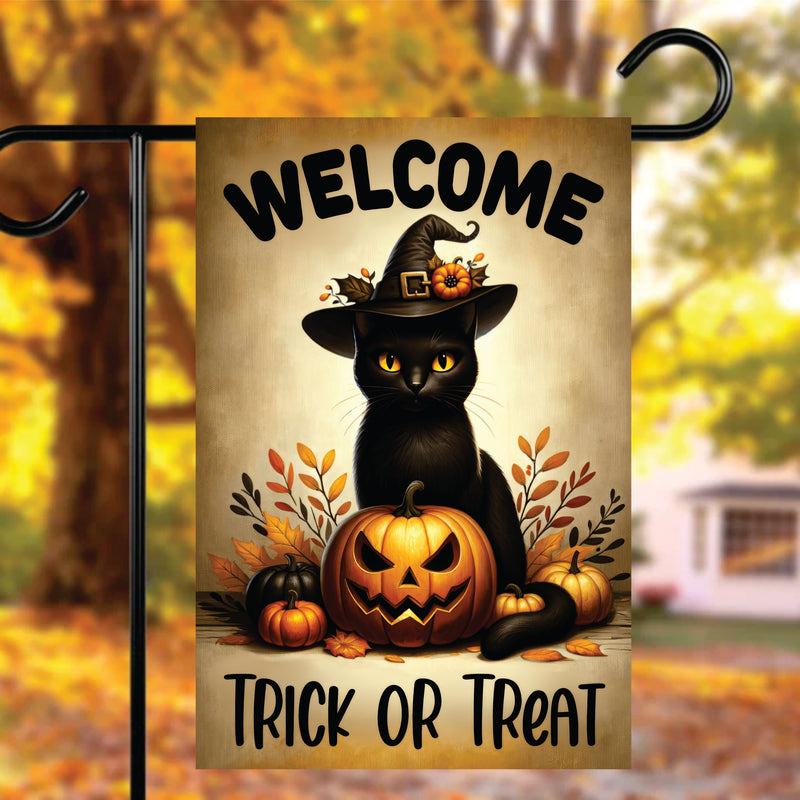 Welcome Trick or Treat Black Cat Garden Flag