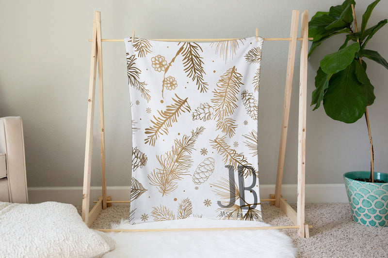 White and Gold Leaves Christmas Plush Blanket