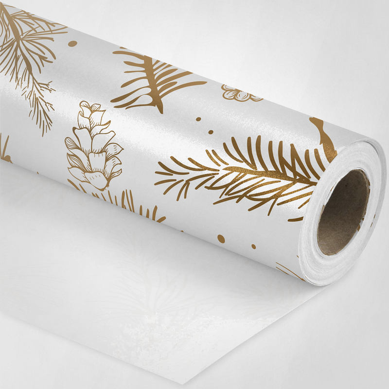 White and Gold Christmas Leaves Wrapping Paper