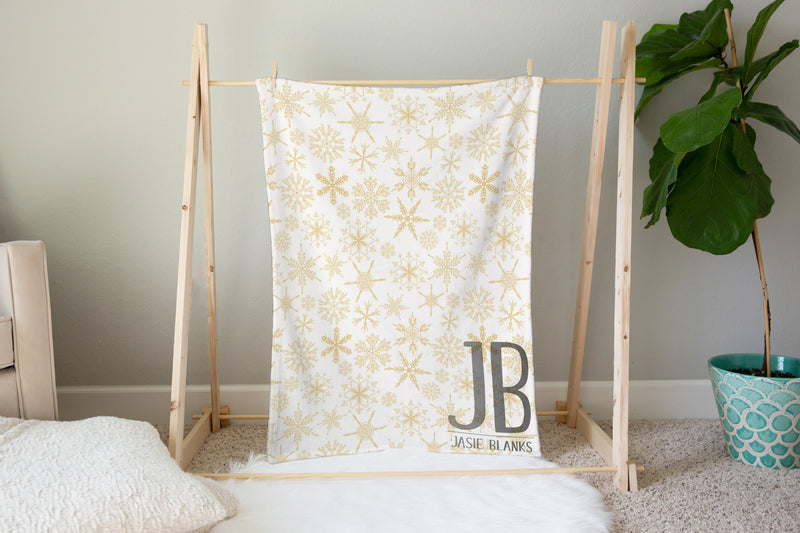 White and Gold Snowflakes Plush Blanket