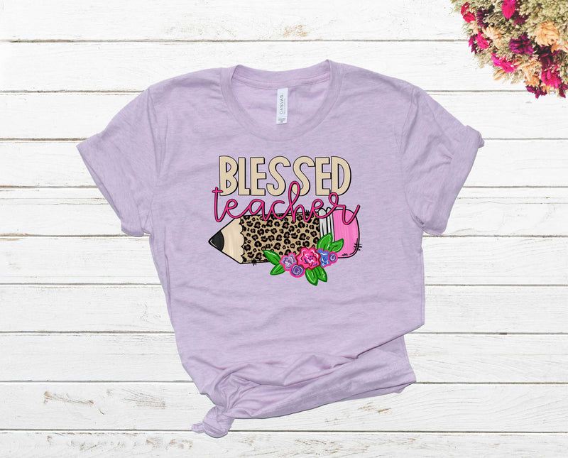 Blessed Teacher- leopard pencil - Graphic Tee