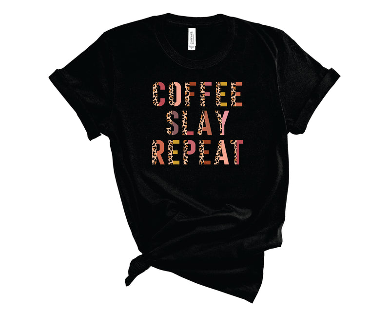 Coffee Slay Repeat Half Leopard - Graphic Tee