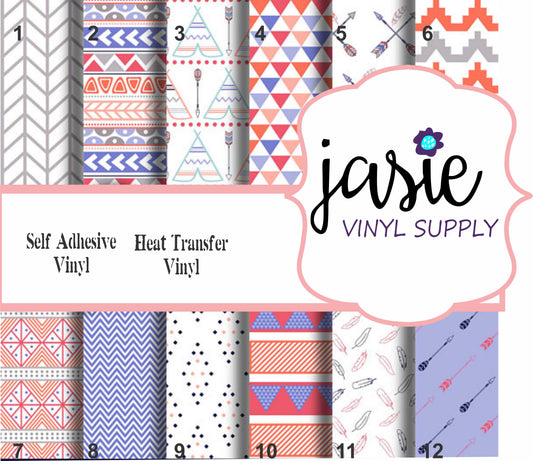 Coral Blue and Gray Tribal Printed Vinyl