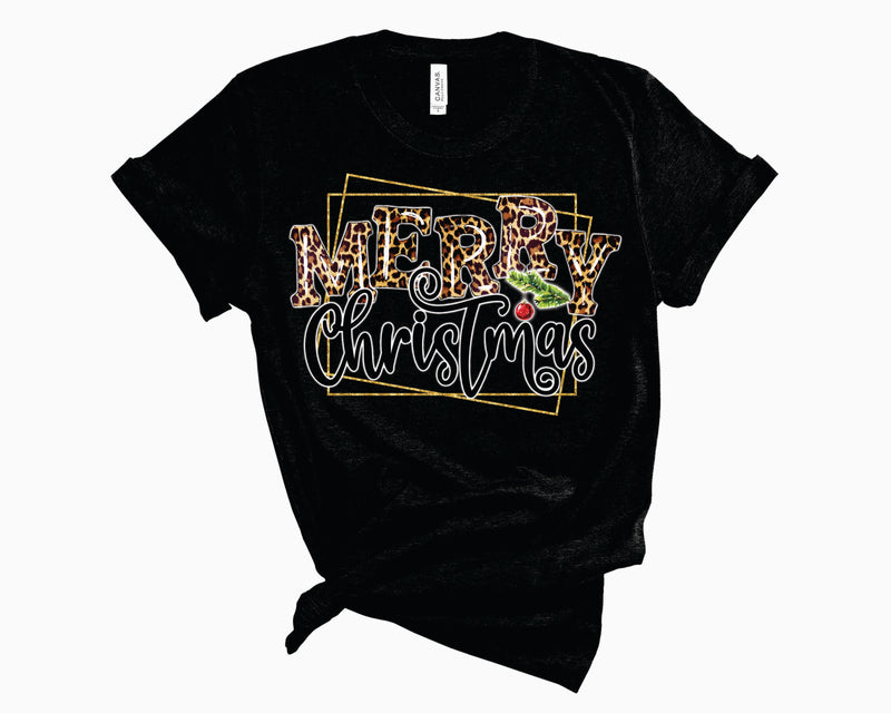 Merry Christmas Leopard Gold Frame- Graphic Tee