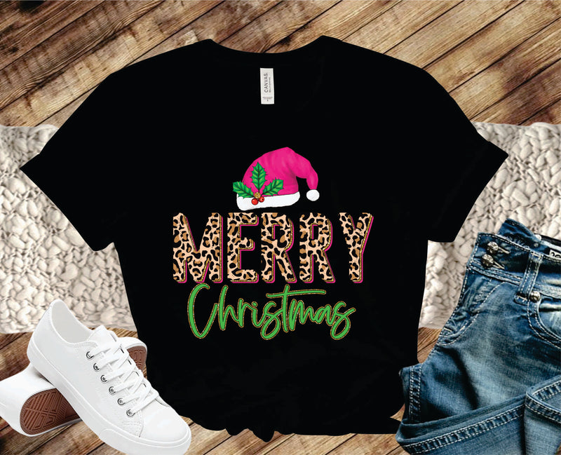 Merry Christmas Pink Leopard Glitter- Graphic Tee