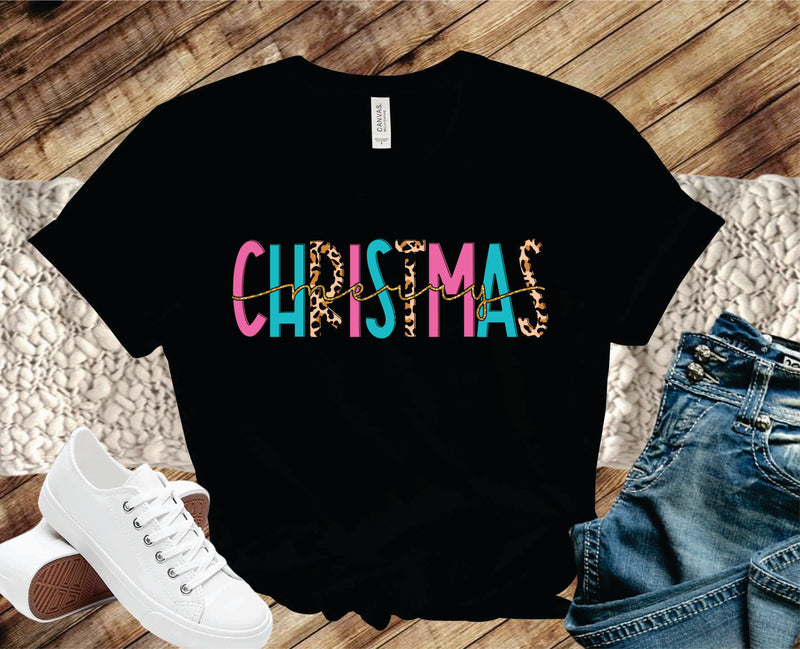 Merry Christmas Pink Blue Leopard- Graphic Tee