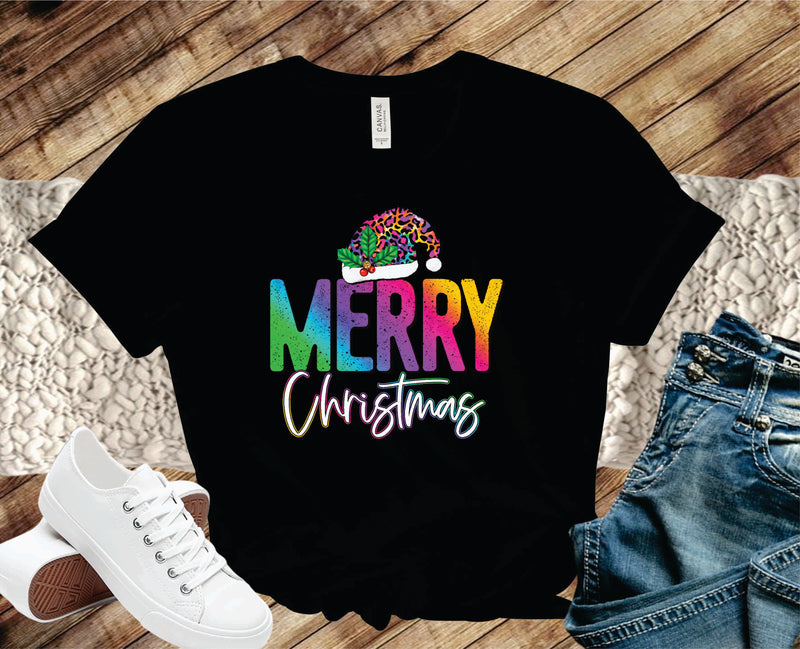 Merry Christmas Rainbow Leopard Hat - Graphic Tee