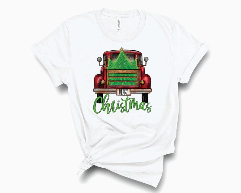 Merry Christmas Tree Truck Red Plaid- Graphic Tee