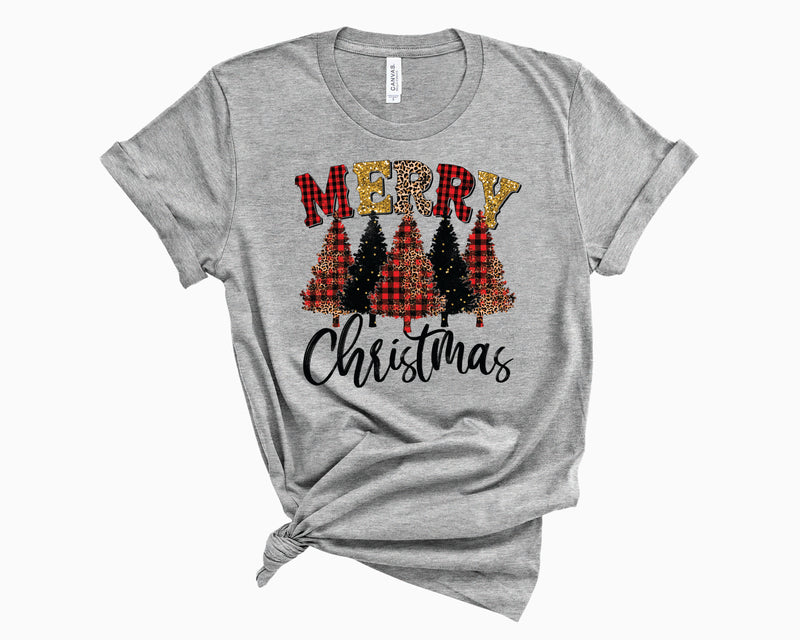 Merry Christmas Trees Grunge Leopard Plaid- Graphic Tee