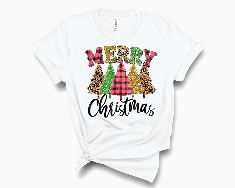 Merry Christmas Trees Pink Plaid Leopard- Graphic Tee