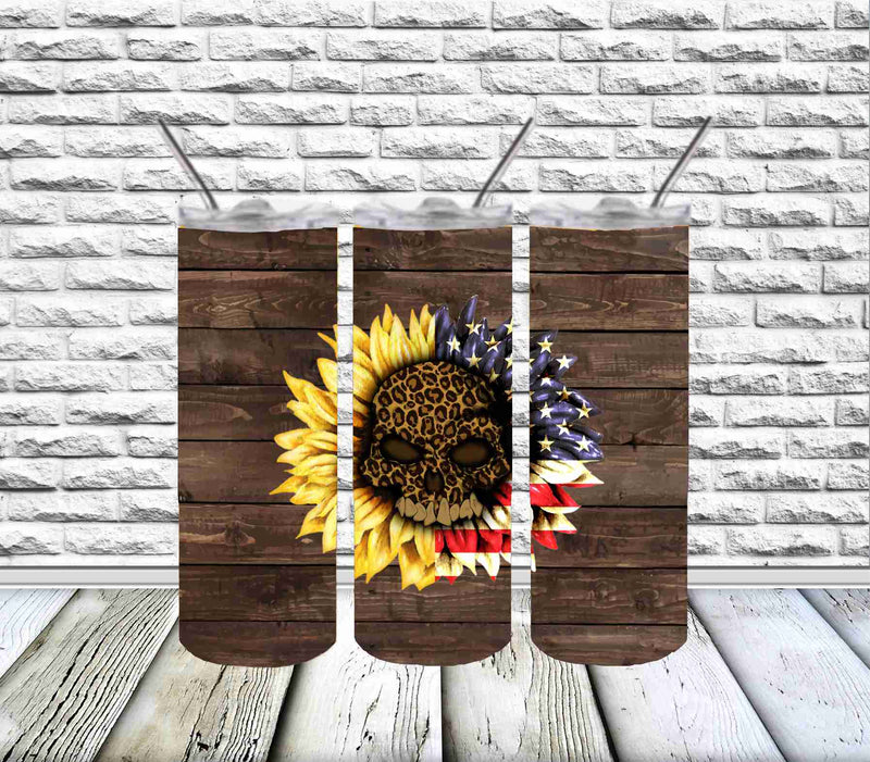 20 Skinny Sublimation Wrap- Skull Sunflower with Wood Background
