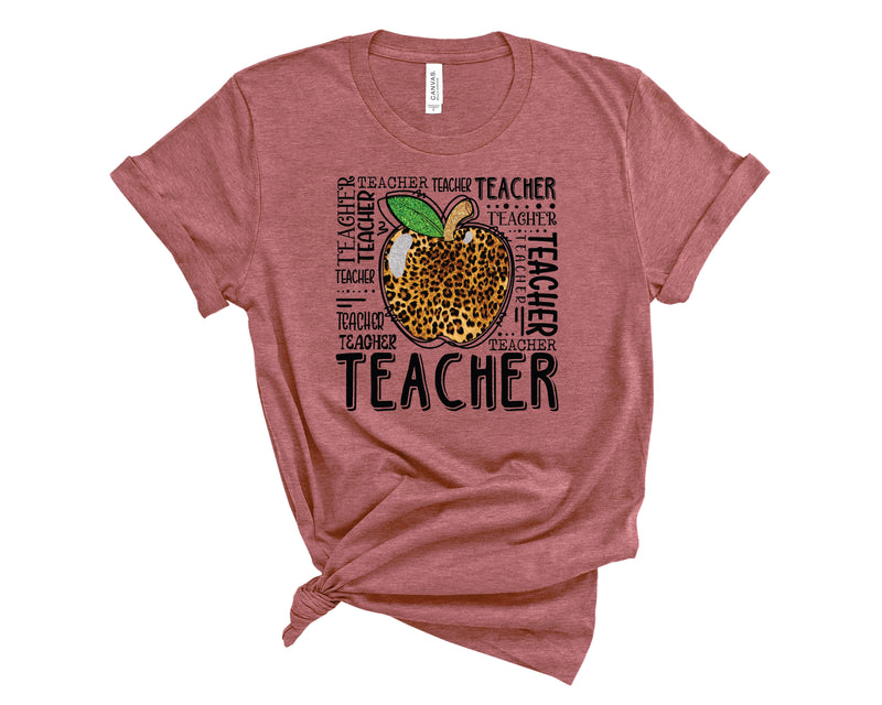 Teacher Wordart Leopard Apple- Graphic Tee