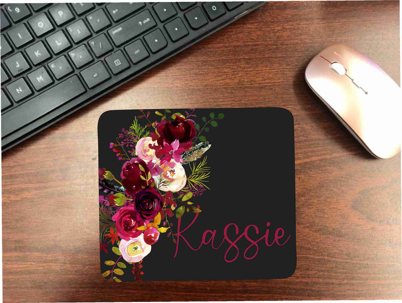 Black with Floral Watercolor Mouse Pad
