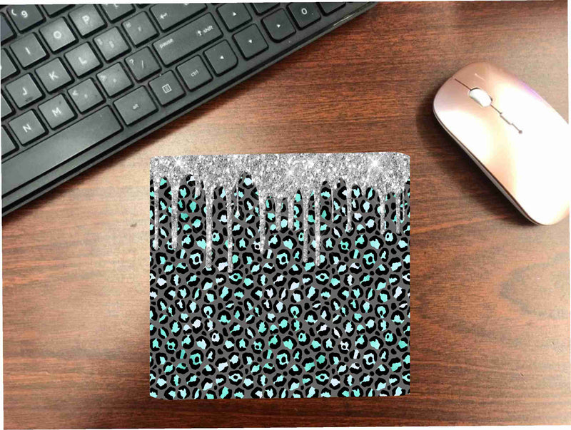 Glitter Drip Teal Leopard Mouse Pad