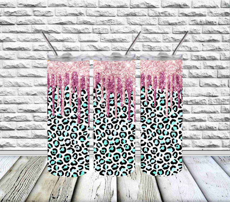 20 Skinny Sublimation Wrap- Mint Leopard with Pink Glitter Drip